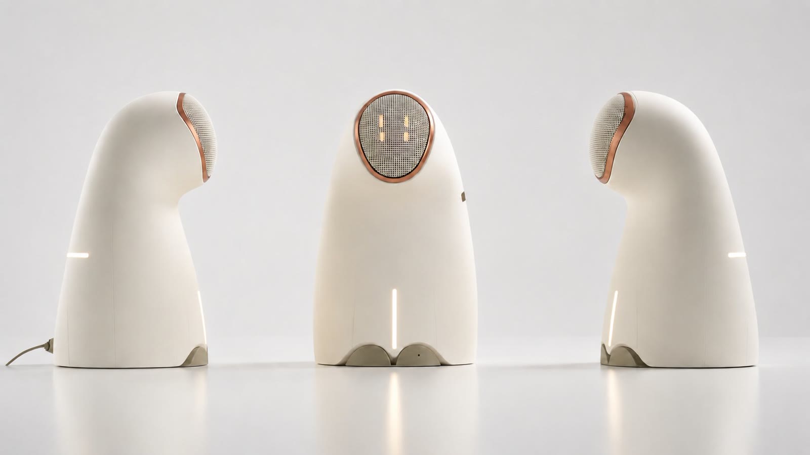 Three views of the EMAi device — front and side profiles, showing the speaker, soft light indicator, and elegant ceramic body.
