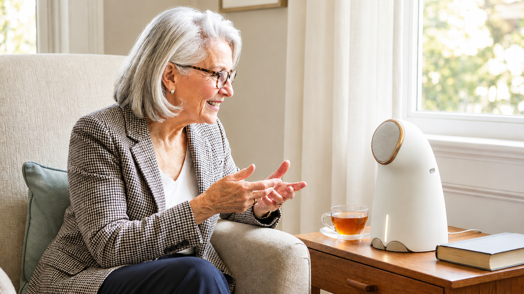 Elderly woman talking with EMAi AI companion device